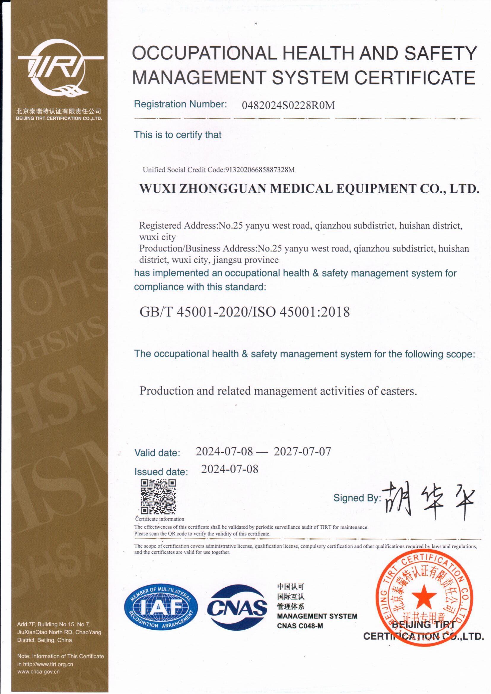 OCCUPATIONAL HEALTH AND SAFETYMANAGEMENT SYSTEM CERTIFICATE